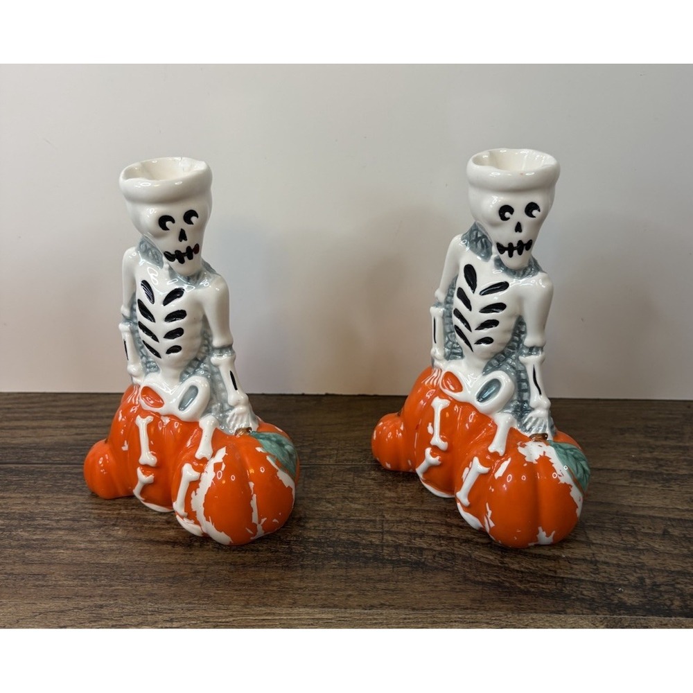 Lot Of 2 Vintage Halloween Skeleton W Pumpkins 6" Taper Candle Holder